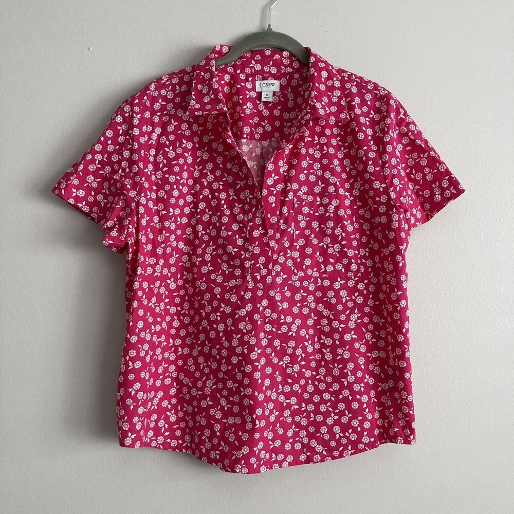 J.Crew Womens Medium Pink Floral Print Popover Top Split Neck Short Sleeve